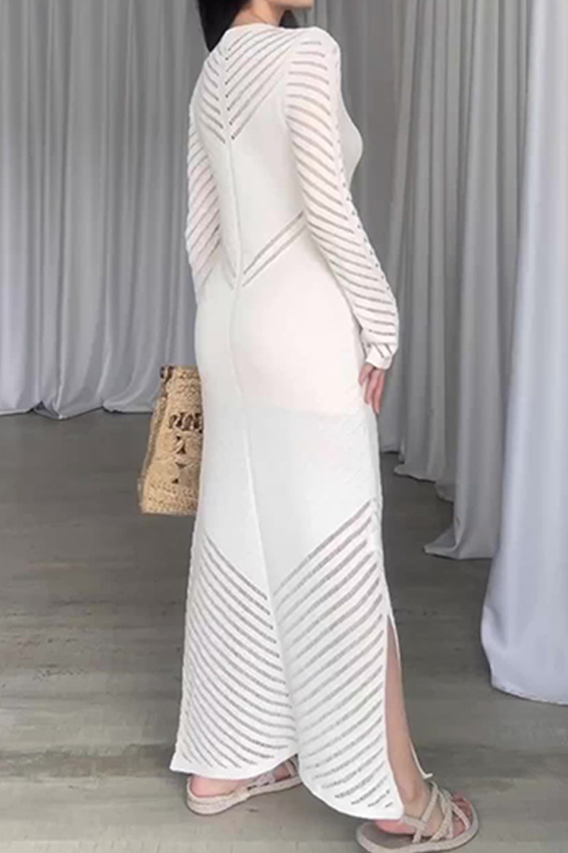 Yesica® | Casual Daily Solid Color Hollow Out Threaded Selvedge O-Neck Wrap Skirt Dresses