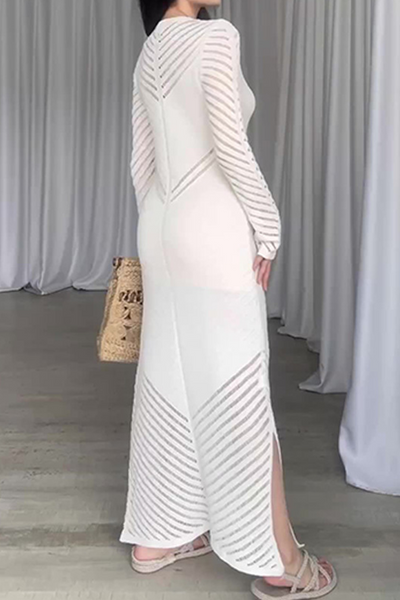 Yesica® | Casual Daily Solid Color Hollow Out Threaded Selvedge O-Neck Wrap Skirt Dresses