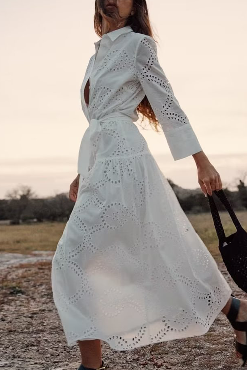 Sol® | Casual solid color solid color embroidered hollow out lace-up turn-down collar A-line dresses