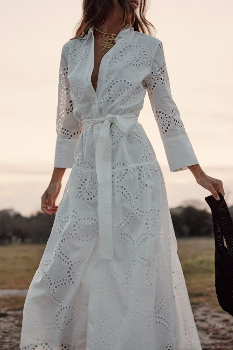 Sol® | Casual solid color solid color embroidered hollow out lace-up turn-down collar A-line dresses