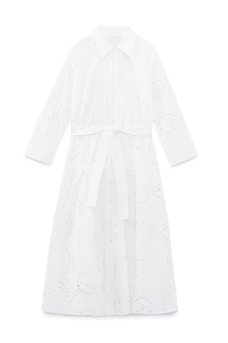 Sol® | Casual solid color solid color embroidered hollow out lace-up turn-down collar A-line dresses