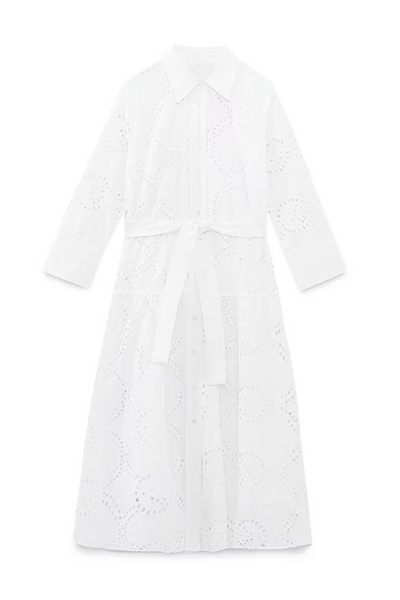Sol® | Casual solid color solid color embroidered hollow out lace-up turn-down collar A-line dresses