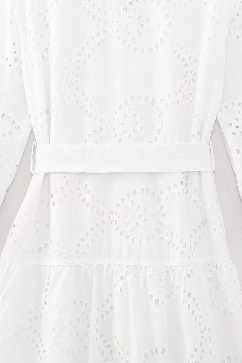 Sol® | Casual solid color solid color embroidered hollow out lace-up turn-down collar A-line dresses