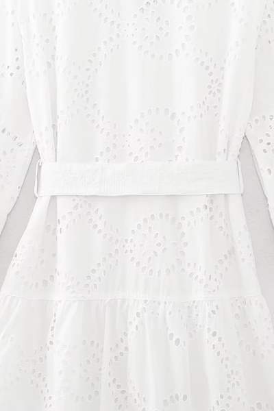 Sol® | Casual solid color solid color embroidered hollow out lace-up turn-down collar A-line dresses
