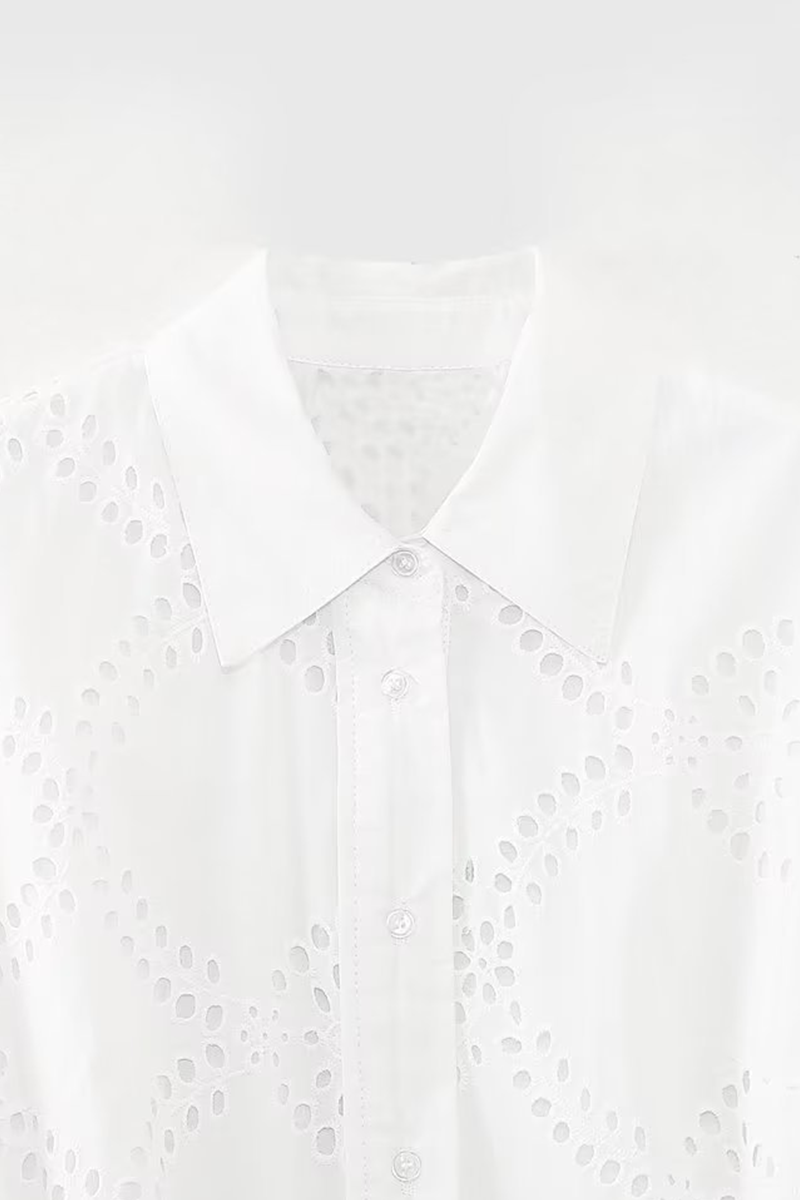 Sol® | Casual solid color solid color embroidered hollow out lace-up turn-down collar A-line dresses