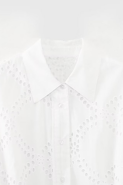 Sol® | Casual solid color solid color embroidered hollow out lace-up turn-down collar A-line dresses