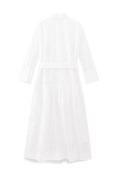 Sol® | Casual solid color solid color embroidered hollow out lace-up turn-down collar A-line dresses