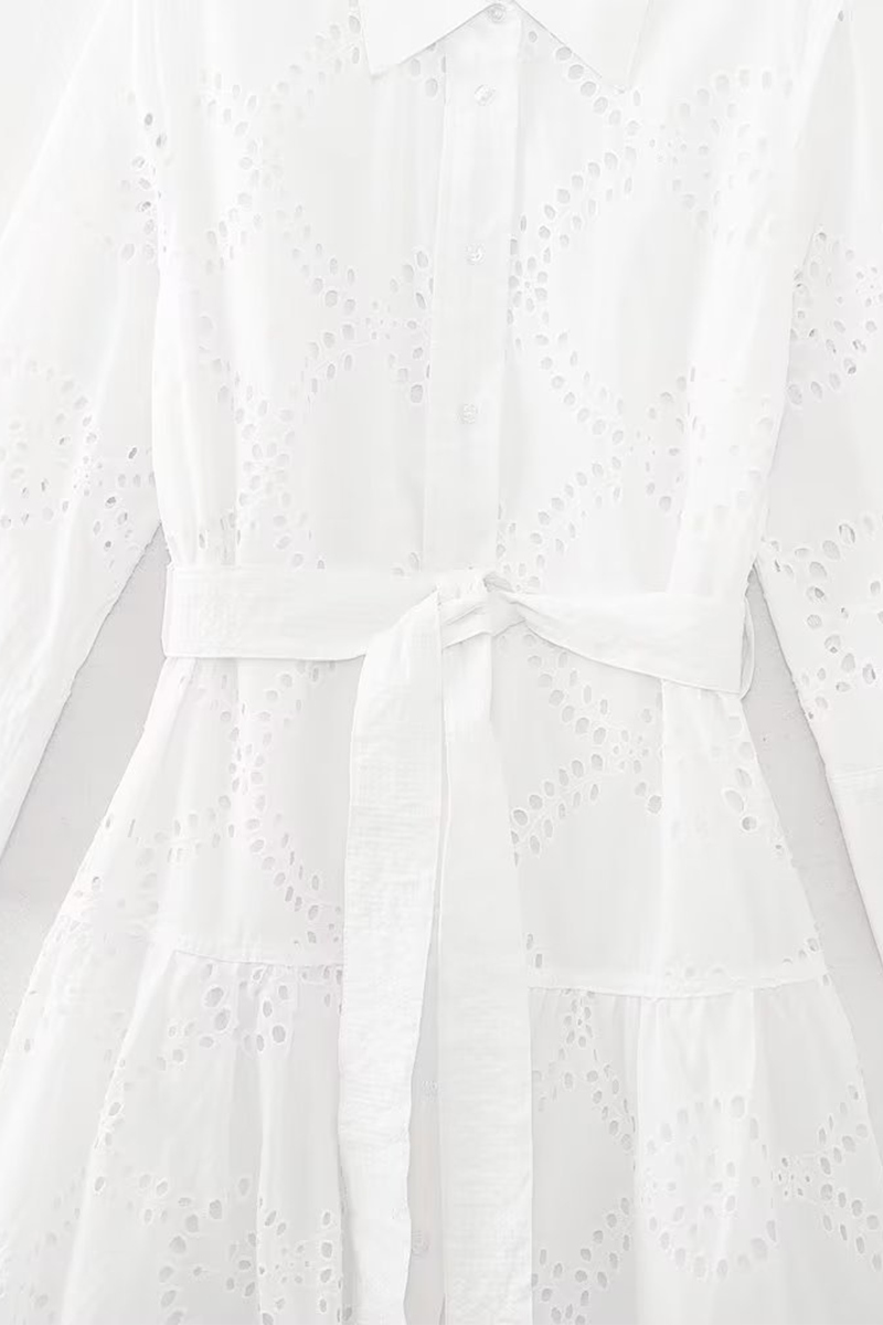 Sol® | Casual solid color solid color embroidered hollow out lace-up turn-down collar A-line dresses