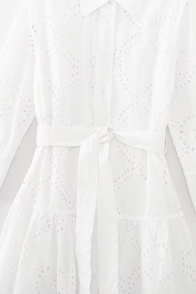 Sol® | Casual solid color solid color embroidered hollow out lace-up turn-down collar A-line dresses