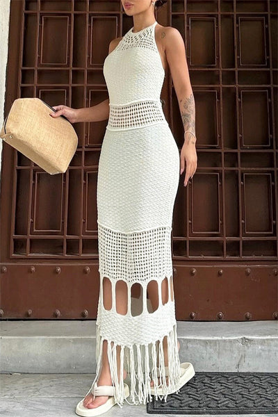 Rosario® | Sexy plain backless long halterneck dresses with fringe trim