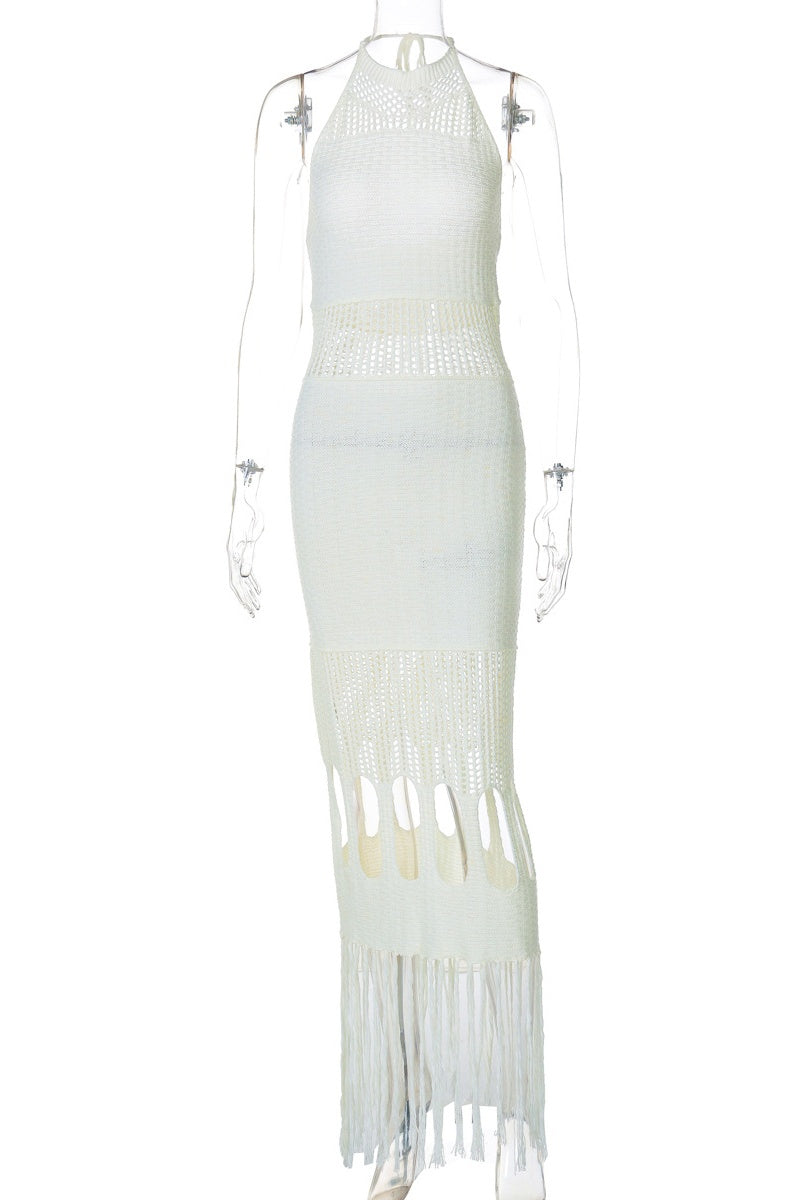 Rosario® | Sexy plain backless long halterneck dresses with fringe trim