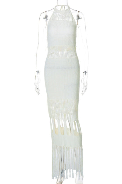 Rosario® | Sexy plain backless long halterneck dresses with fringe trim