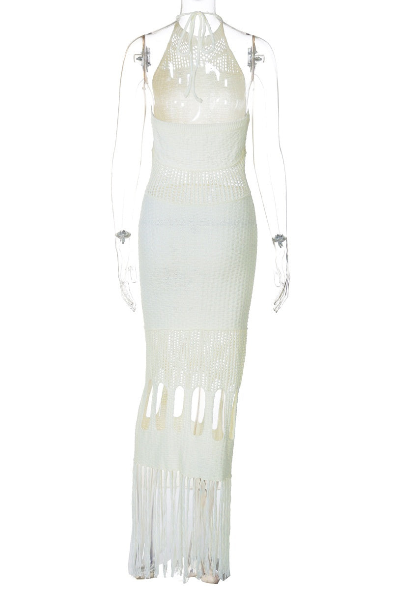 Rosario® | Sexy plain backless long halterneck dresses with fringe trim