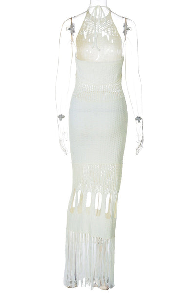 Rosario® | Sexy plain backless long halterneck dresses with fringe trim