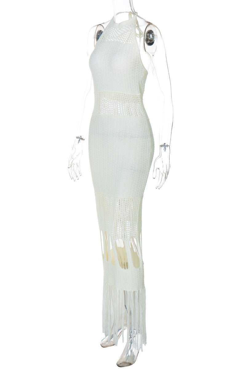 Rosario® | Sexy plain backless long halterneck dresses with fringe trim