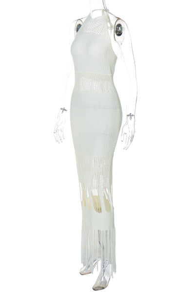 Rosario® | Sexy plain backless long halterneck dresses with fringe trim