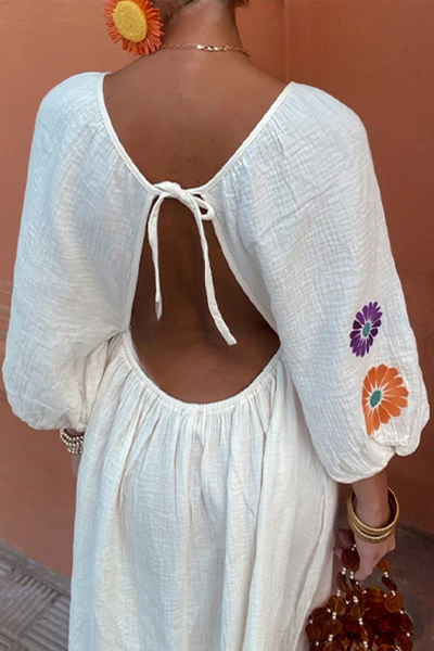 Rosalía® | Casual floral embroidered backless A-line dresses with V-neck and lace-up