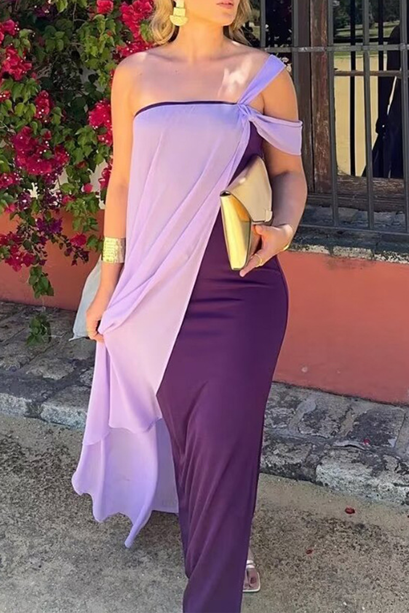 Pamela® | Sexy plain patchwork contrast dresses with slanted shoulders