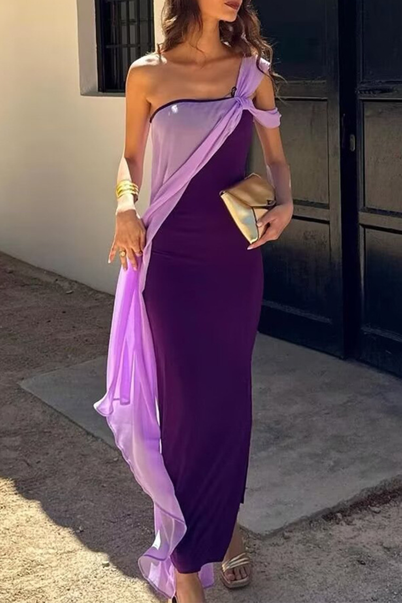 Pamela® | Sexy plain patchwork contrast dresses with slanted shoulders