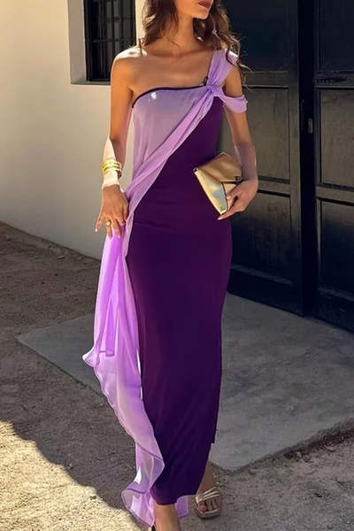 Pamela® | Sexy plain patchwork contrast dresses with slanted shoulders