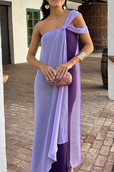 Pamela® | Sexy plain patchwork contrast dresses with slanted shoulders