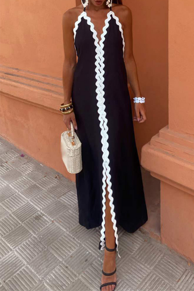 Marina® | Sexy Street Ripple Lace Up Patchwork Backless Contrast Halter Sleeveless Dresses