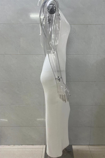 Maricela® | Sexy solid color backless halter neck dresses with one tier skirt and lace up