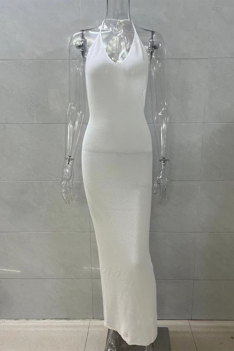 Maricela® | Sexy solid color backless halter neck dresses with one tier skirt and lace up