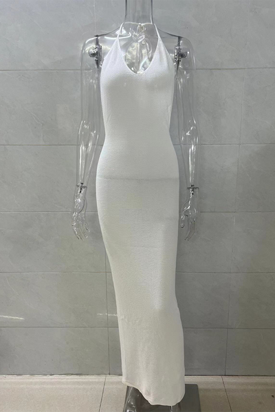 Maricela® | Sexy solid color backless halter neck dresses with one tier skirt and lace up