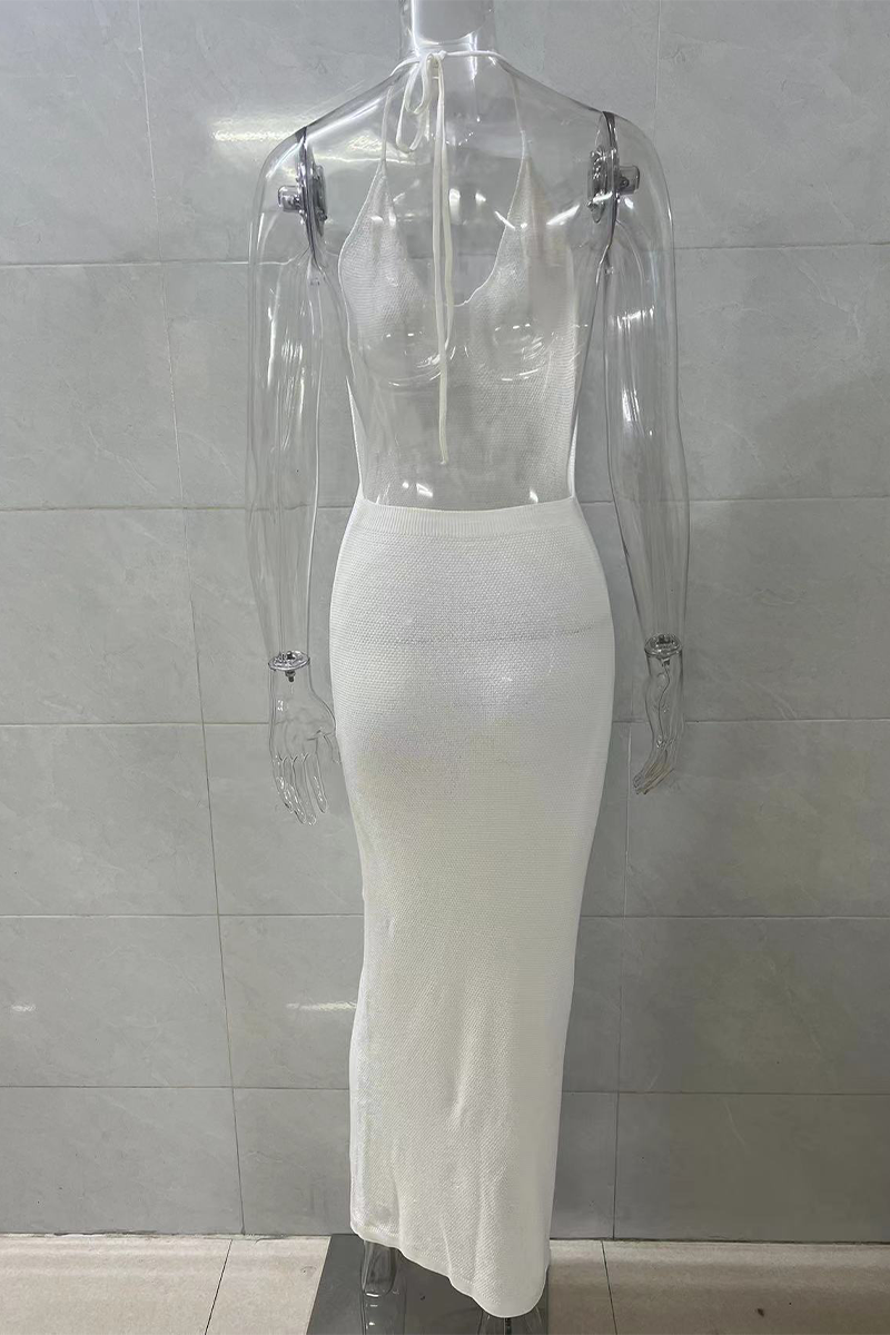 Maricela® | Sexy solid color backless halter neck dresses with one tier skirt and lace up