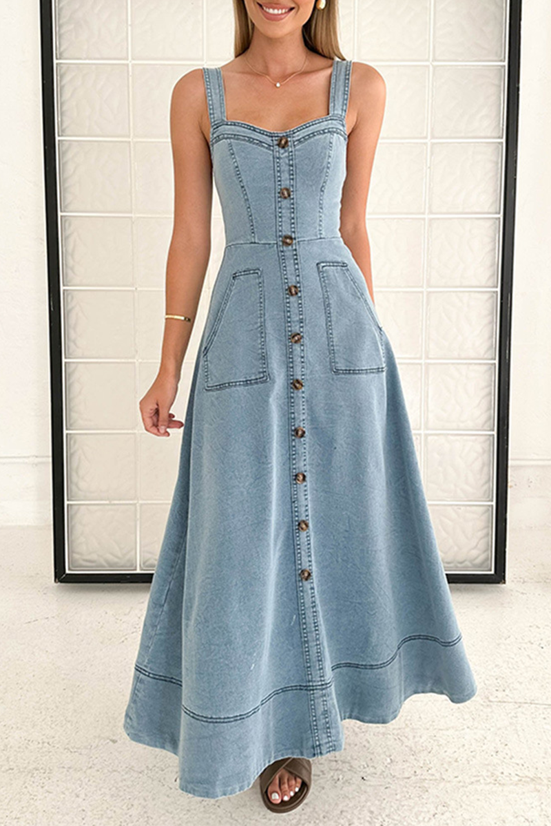 Mariana® | Sexy street solid color pocket buttons, zipper, V-neck, sleeveless denim dresses