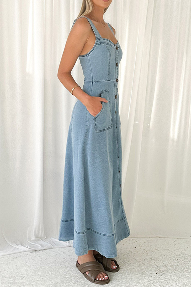Mariana® | Sexy street solid color pocket buttons, zipper, V-neck, sleeveless denim dresses