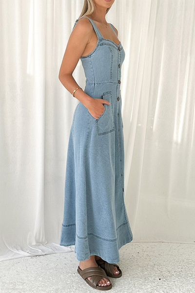 Mariana® | Sexy street solid color pocket buttons, zipper, V-neck, sleeveless denim dresses
