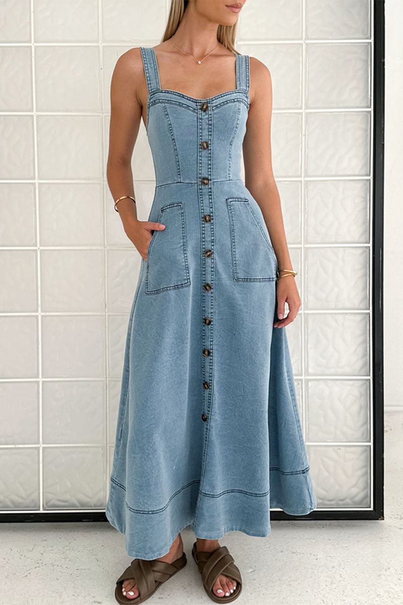 Mariana® | Sexy street solid color pocket buttons, zipper, V-neck, sleeveless denim dresses