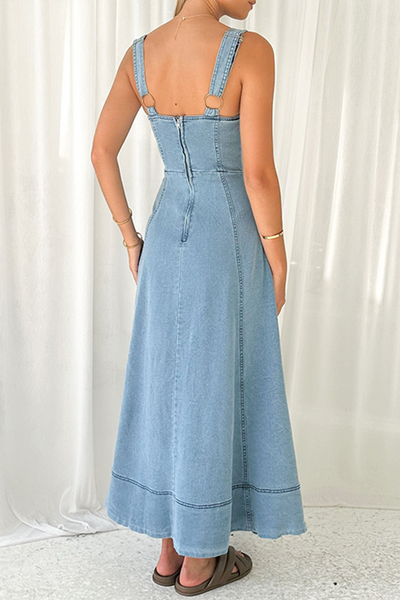 Mariana® | Sexy street solid color pocket buttons, zipper, V-neck, sleeveless denim dresses