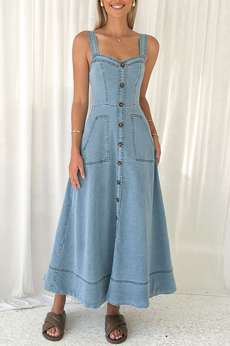 Mariana® | Sexy street solid color pocket buttons, zipper, V-neck, sleeveless denim dresses