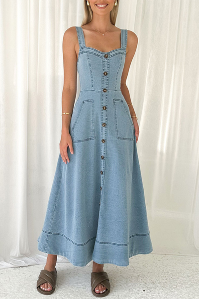 Mariana® | Sexy street solid color pocket buttons, zipper, V-neck, sleeveless denim dresses