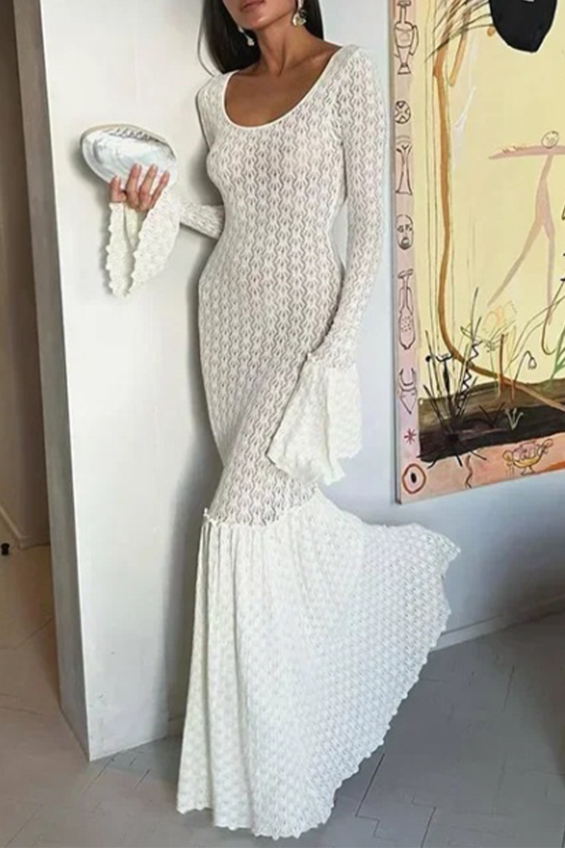 Matilde® | Sexy solid color embroidered hollow out scoop neck one-step skirt dresses