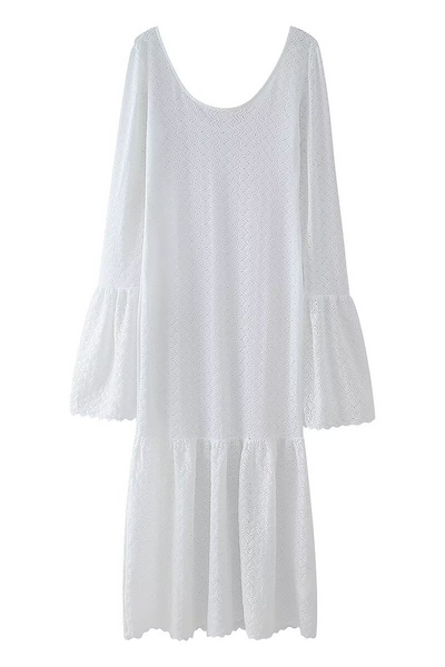 Matilde® | Sexy solid color embroidered hollow out scoop neck one-step skirt dresses