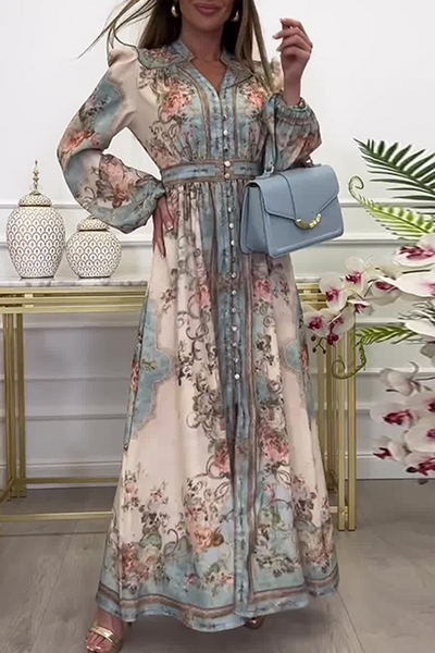 Mercedes® | Elegant floral print A-line dresses with buckle and V-neck