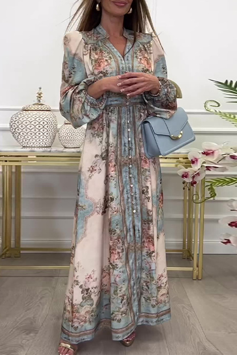 Mercedes® | Elegant floral print A-line dresses with buckle and V-neck