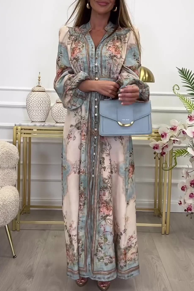 Mercedes® | Elegant floral print A-line dresses with buckle and V-neck