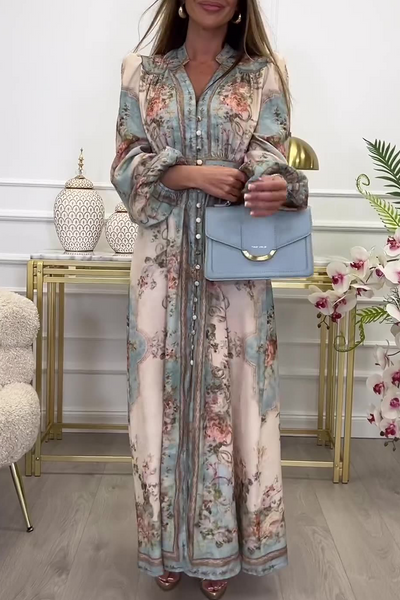 Mercedes® | Elegant floral print A-line dresses with buckle and V-neck