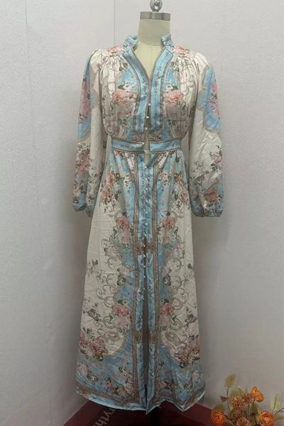 Mercedes® | Elegant floral print A-line dresses with buckle and V-neck
