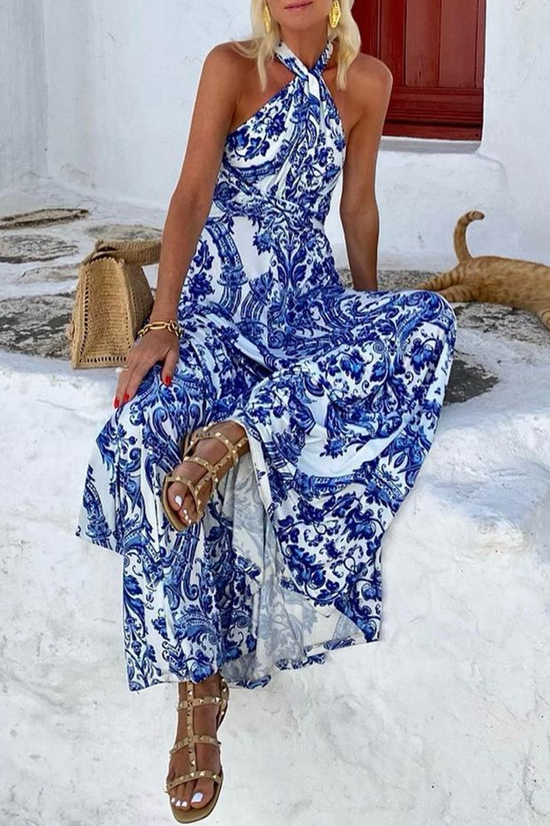 Margarita® | Bohemian Holiday Floral Print Patchwork Halter Sleeveless Dresses