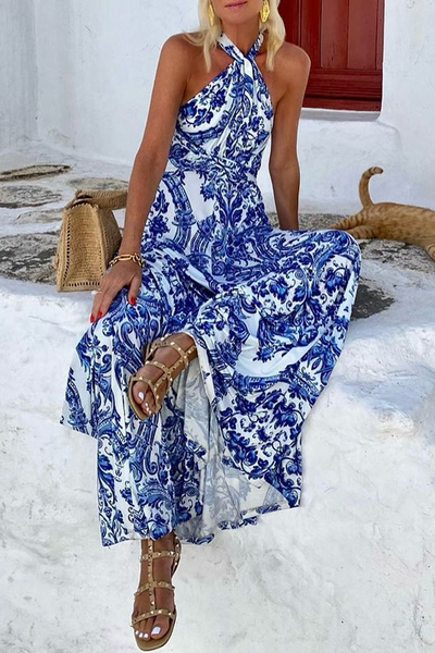 Margarita® | Bohemian Holiday Floral Print Patchwork Halter Sleeveless Dresses