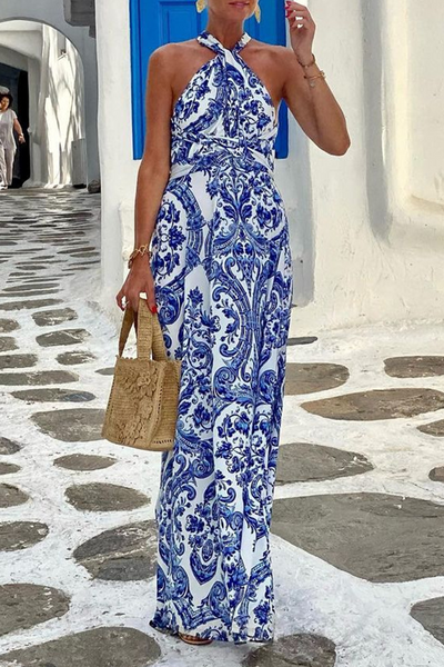 Margarita® | Bohemian Holiday Floral Print Patchwork Halter Sleeveless Dresses