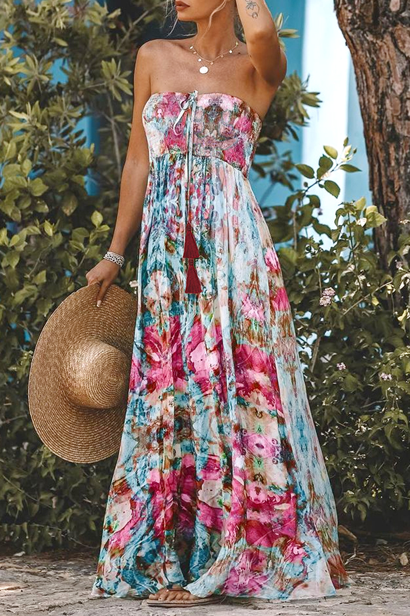 Leila® | Sexy holiday floral print fringe trim strapless strapless dresses