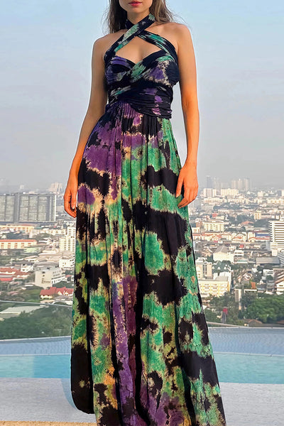 Julieta® | Sexy Tie-Dye Print Cross Strap Contrast V-Neck Sleeveless Dresses (Various Tie Methods) (3 Colors)