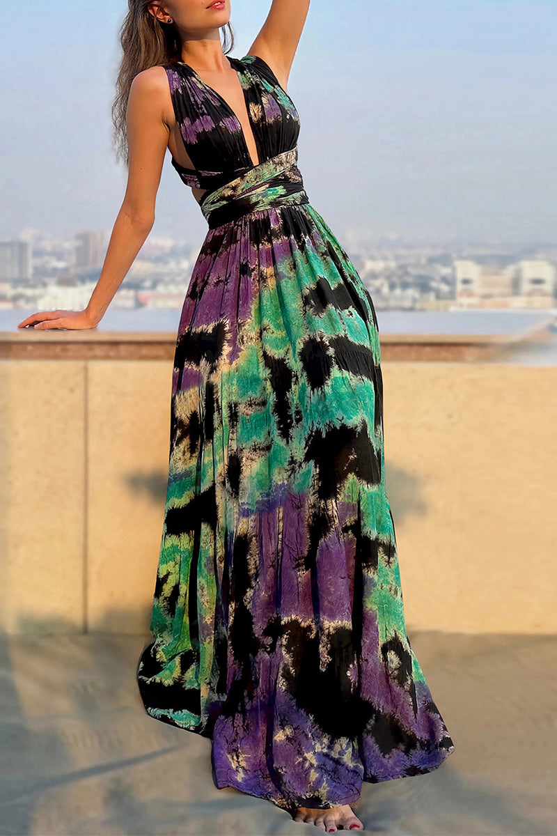 Julieta® | Sexy Tie-Dye Print Cross Strap Contrast V-Neck Sleeveless Dresses (Various Tie Methods) (3 Colors)